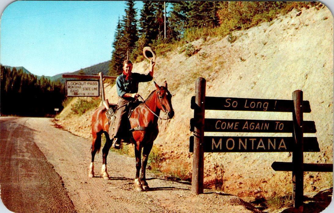MT Montana LOOKOUT PASS ROADSIDE SIGN So Long Cowboy~Horse RUBYS GRILL Postcard