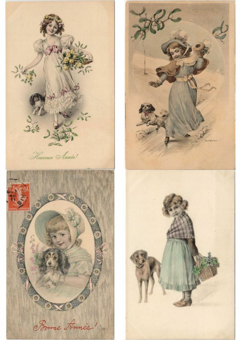 DOGS WITH CHILDREN ARTIST SIGNED VIENNA STYLE 41 Vintage Postcards (L3152)