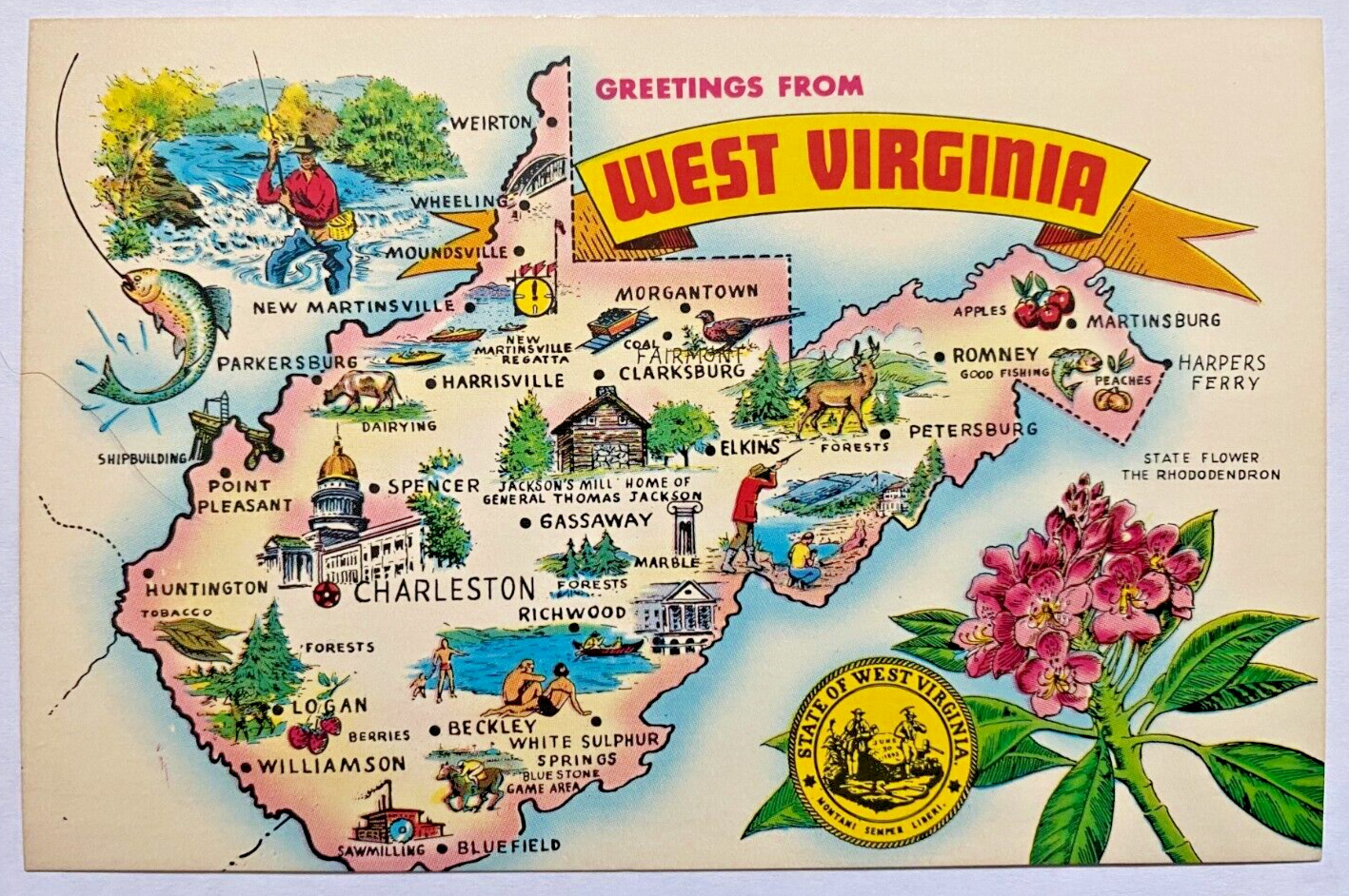 Greetings From West Virginia Colorful Map Fishing Flower Vintage Postcard