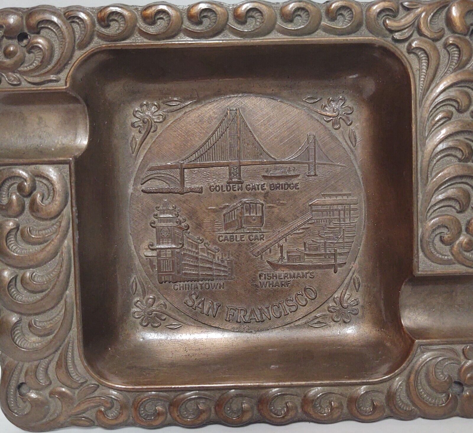 Vintage Brass, San Francisco Golden Gate, Chinatown, Cable Car, Wharf Ashtray 