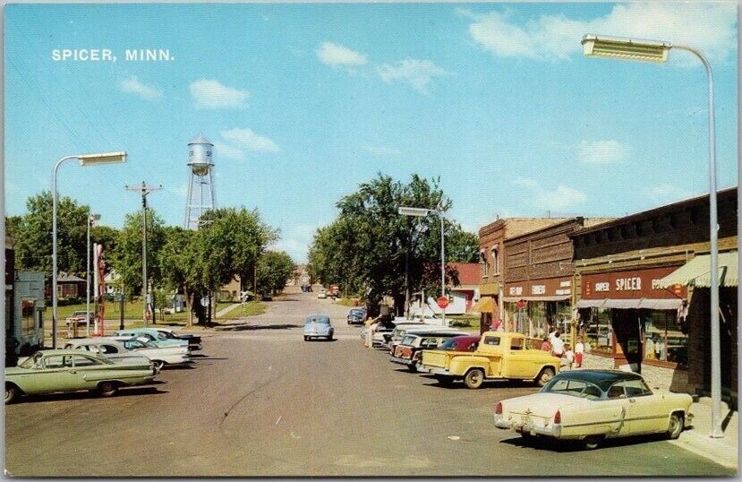 Vintage SPICER, Minnesota Postcard Main Street / Downtown Scene / Chrome c1950s