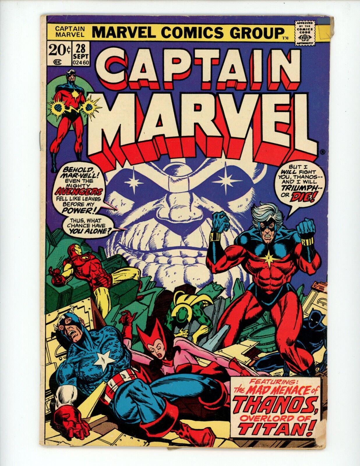 Captain Marvel #28 Comic Book 1973 VG Key Thanos App Drax Marvel Comics