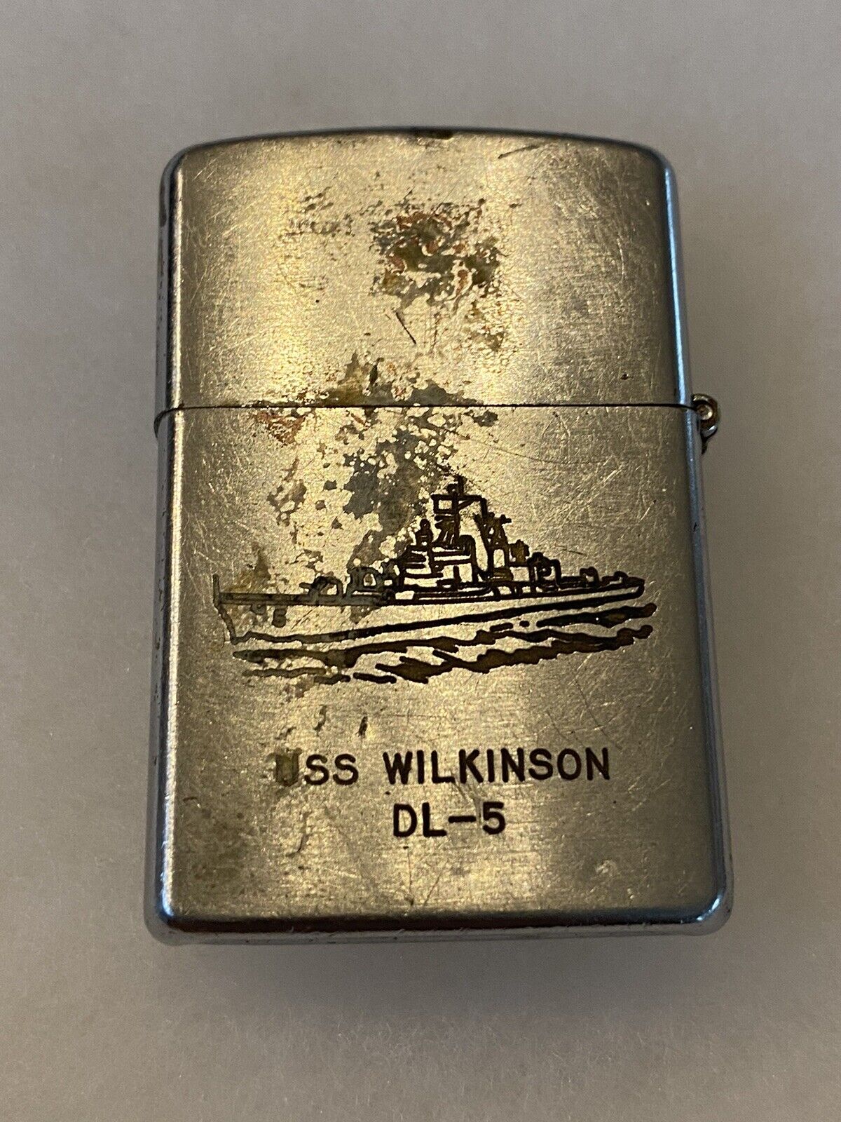 VINTAGE ROTHCO CHROME CIGARETTE LIGHTER - USS WILKINSON DL-5 DESTROYER SHIP