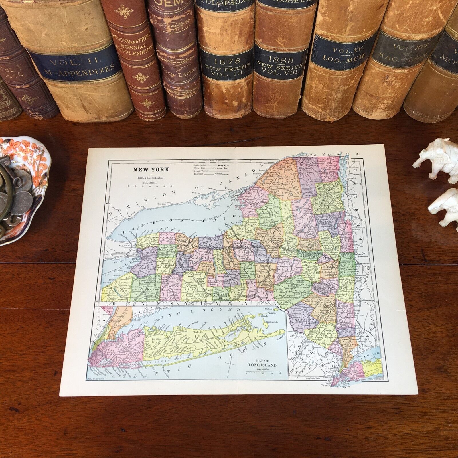 Original 1885 Antique Map NEW YORK STATE Syracuse Buffalo Rochelle Niagara Falls