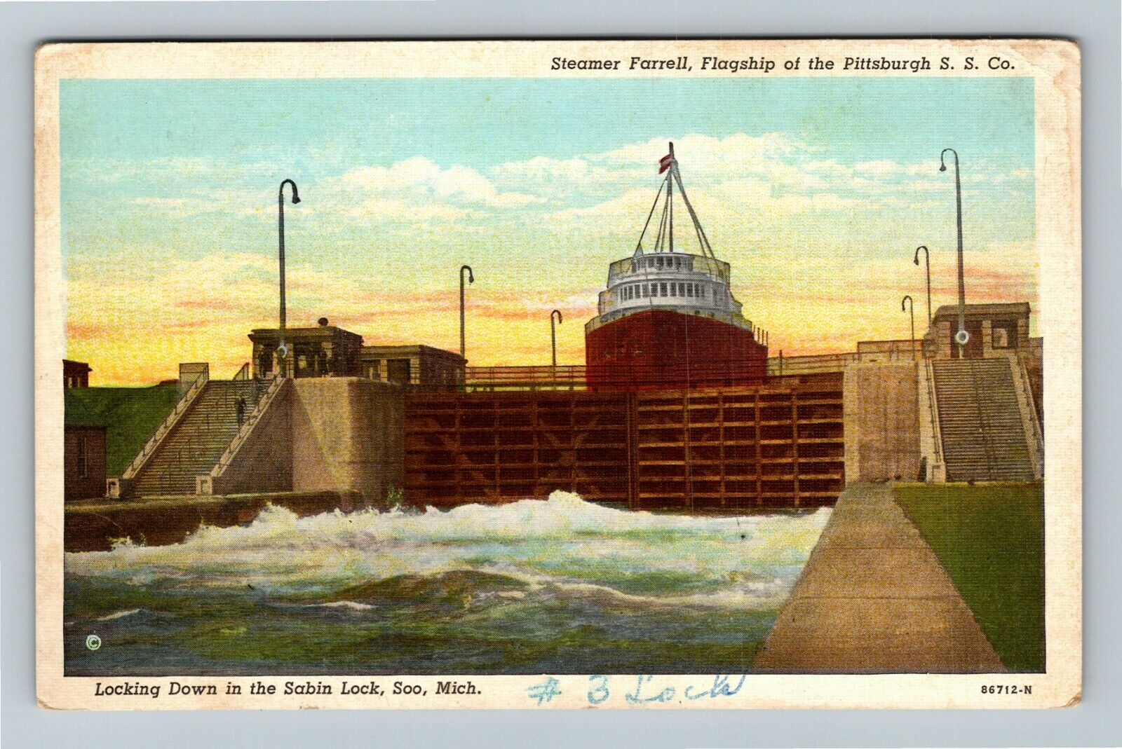 Soo MI-Michigan, Locking Down In Sabin Lock, Steamer c1943 Vintage Postcard
