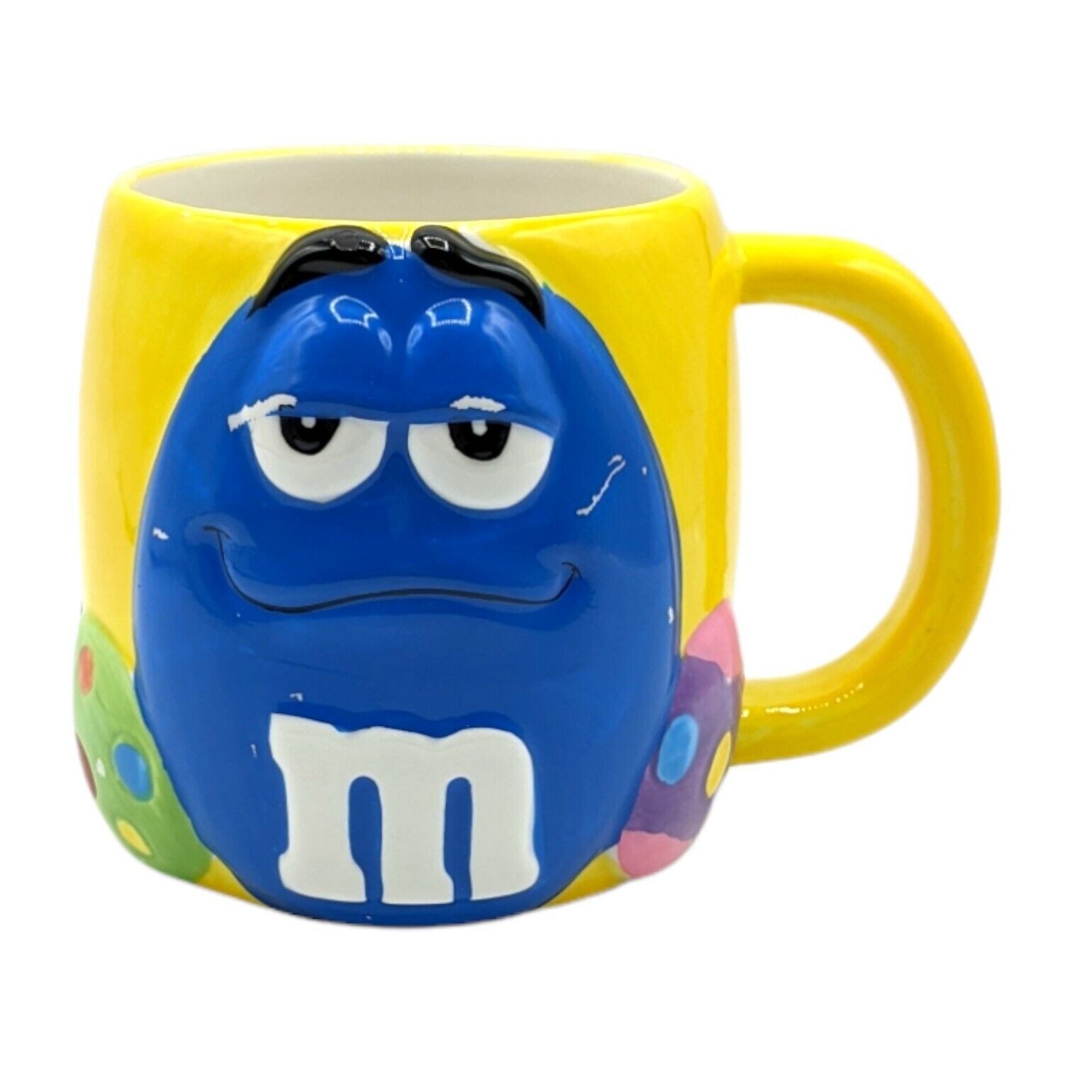 M&Ms Easter Eggs Ceramic Mug 2001 Blue on Yellow Cup Galerie Large READ