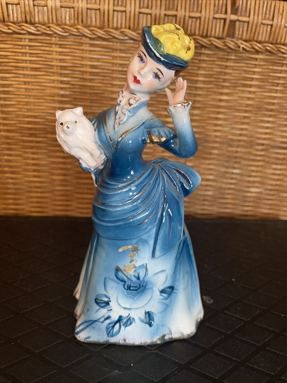 Vintage Lipper Mann Japan Figurine Blue Lady with Dog 8”