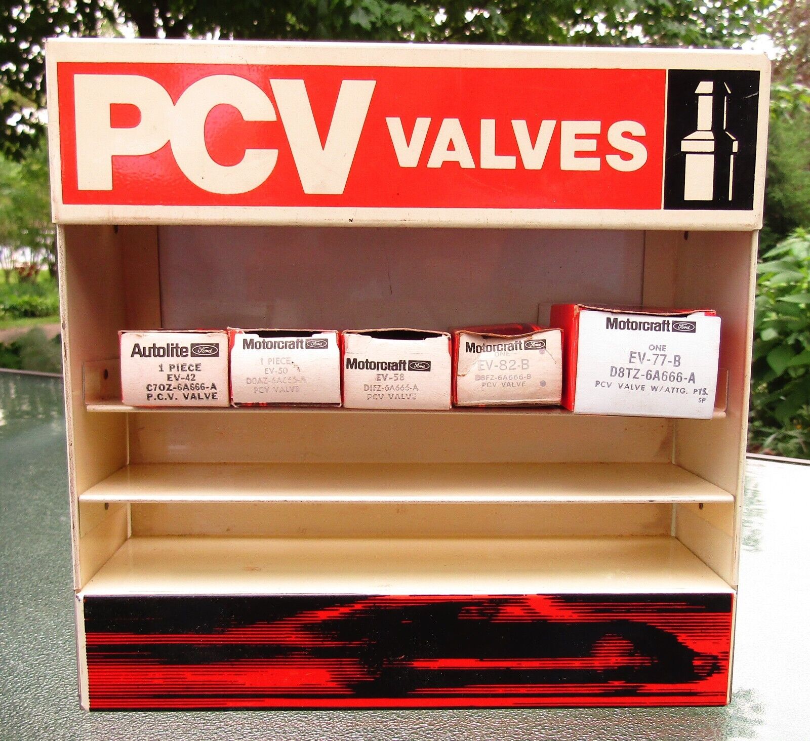 1970s Ford Motorcraft PCV Valves Metal Wall Display Cabinet Streaking GT-40 LOOK