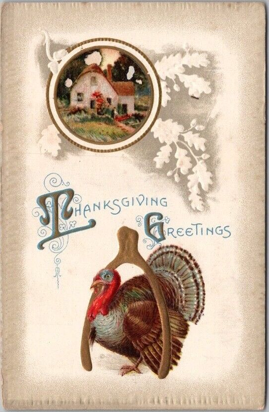 1910s THANKSGIVING Postcard Turkey / Golden Wishbone / Cottage - A.S. Meeker