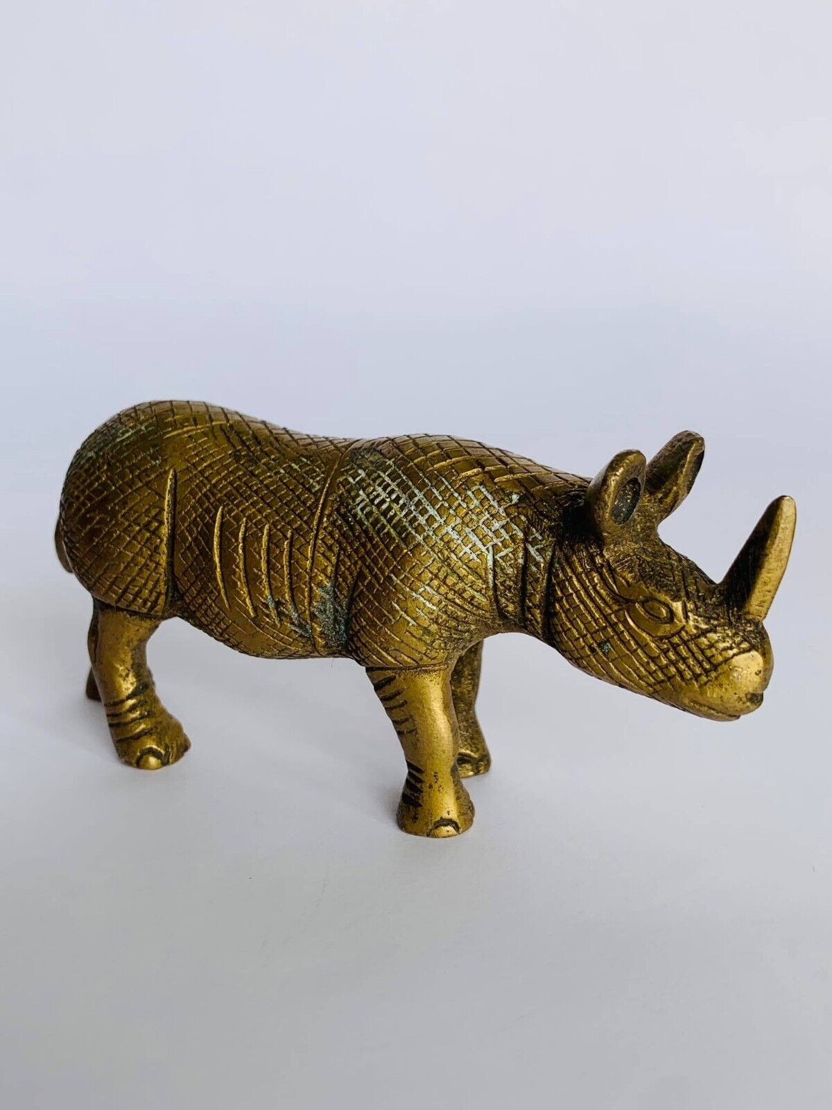 Rhinoceros Figurine Heavy Vintage Small Handmade Brass Animal Decor Collectible
