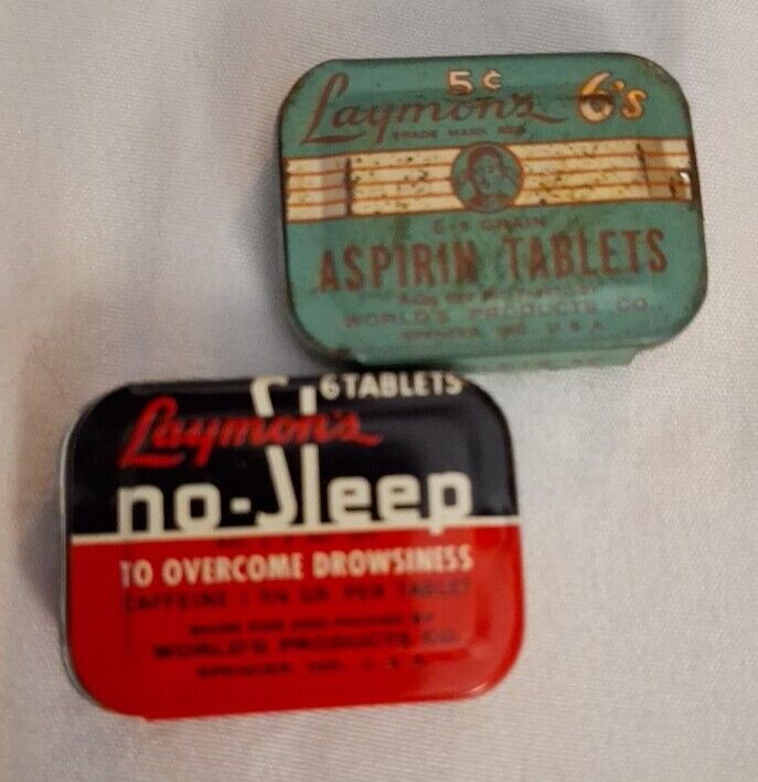 Vintage Laymon\'s Aspirin Tablet Tin 6 Ct & Laymons No Sleep Tabs 6Ct 