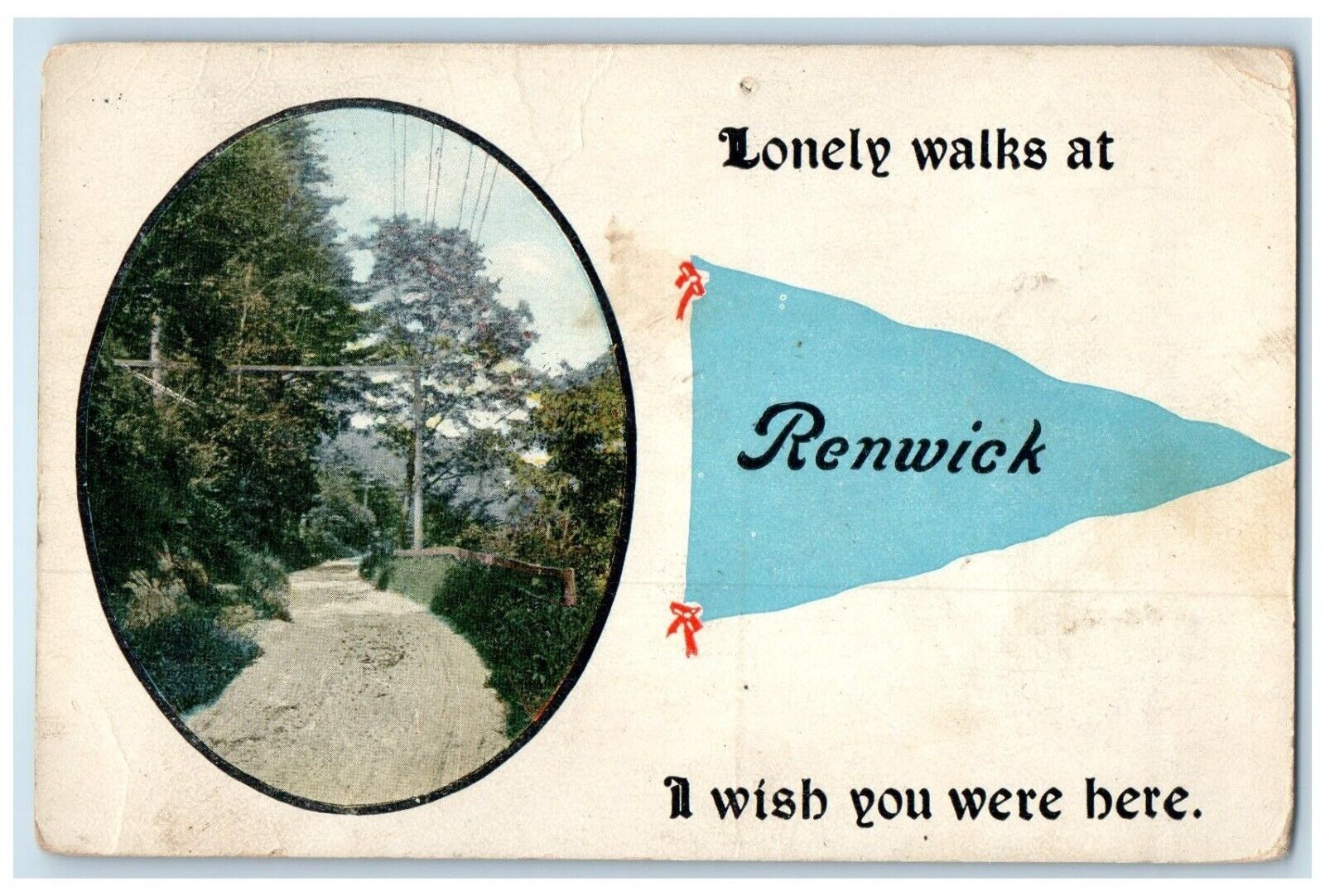 1911 Dirt Road And Trees Renwick Iowa IA Pennant Posted Antique Postcard
