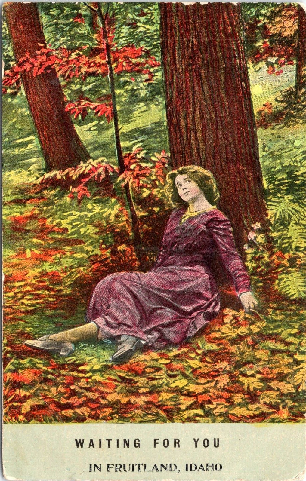 Waiting for You in Fruitland, Idaho - 1911 d/b Postcard - Woman Under Tree