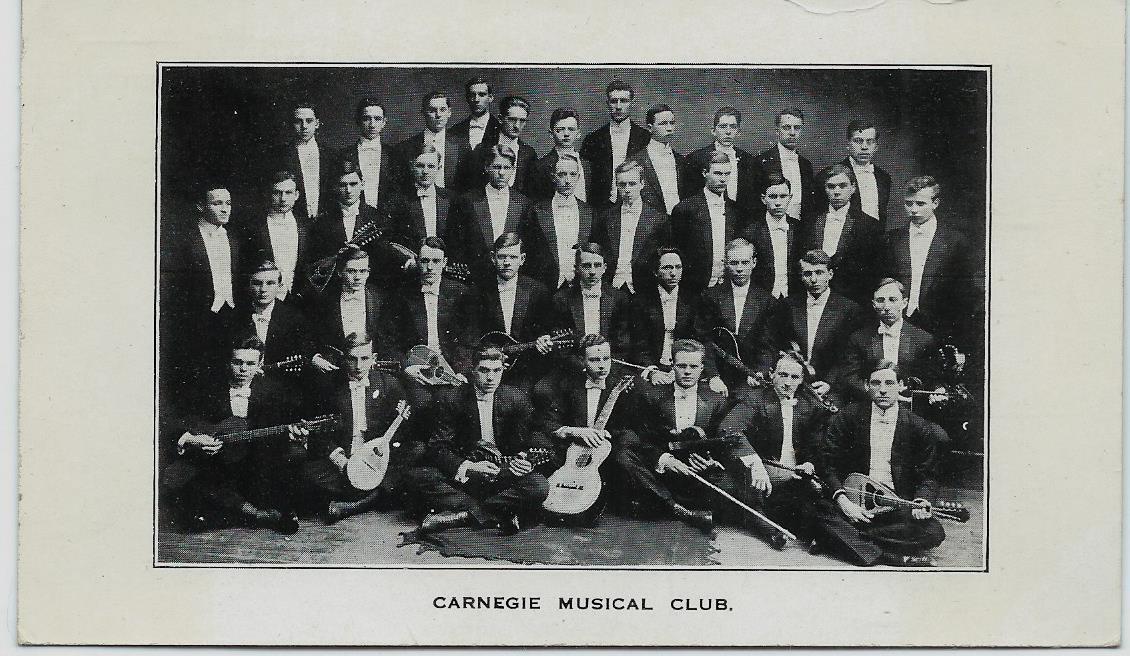 1916 Carnegie Musical Club Postcard Men with Mandolins Guitars Violins
