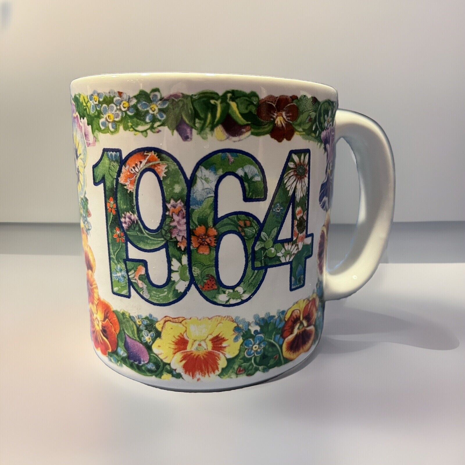 1964 Boxed Year Mug, Collectible Coffee Mug White/Flowers