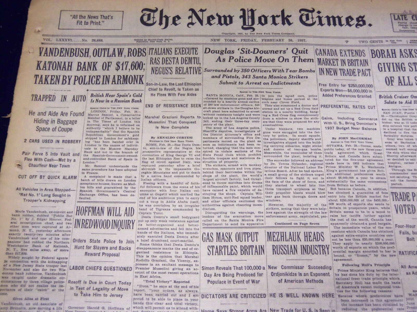 1937 FEBRUARY 26 NEW YORK TIMES - VANDENBUSH ROBS KATONAH BANK - NT 3445