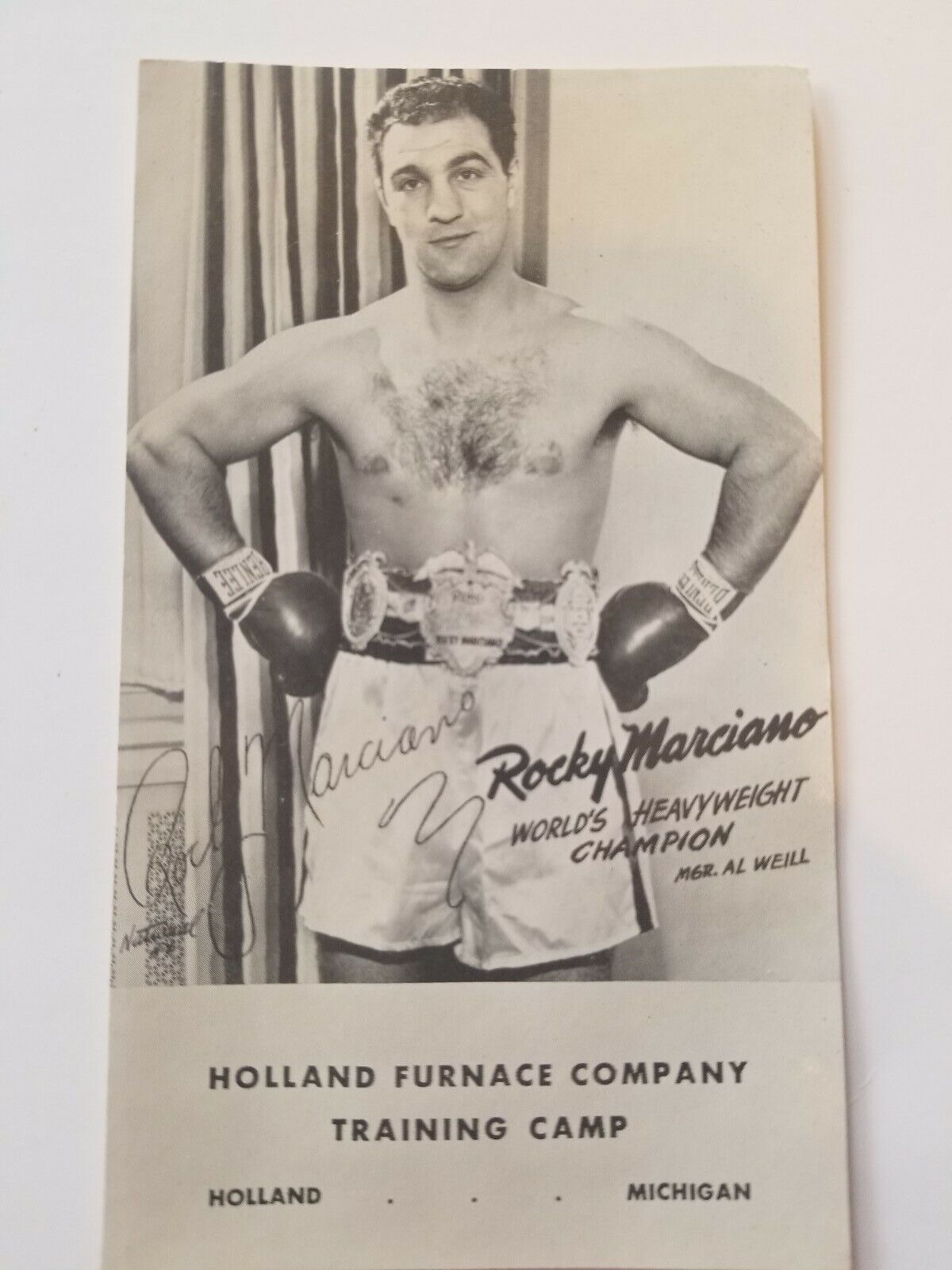 ROCKY MARCIANO ORIGINAL VINTAGE POST CARD: HOLLAND FURNACE CO. MICHIGAN 