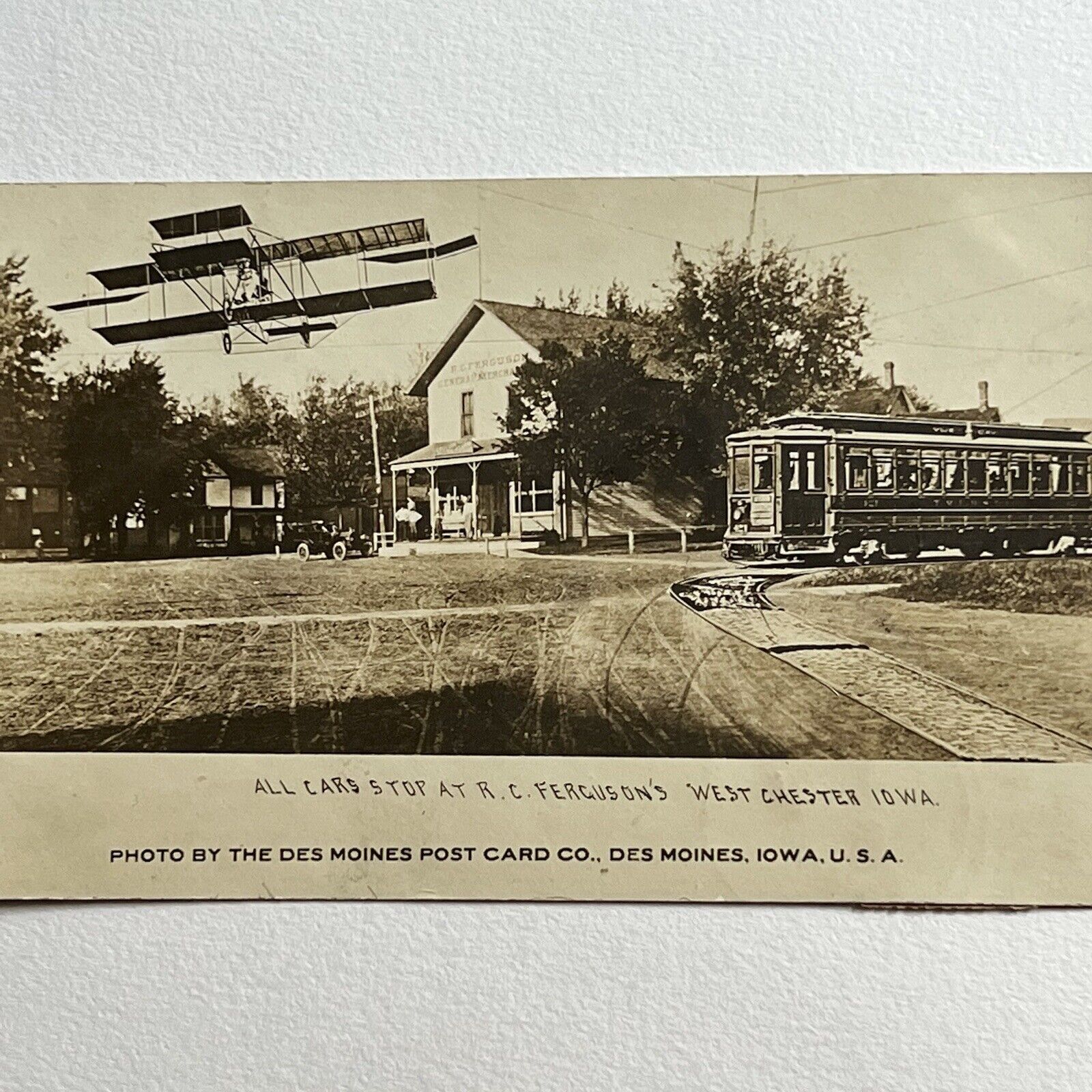Antique RPPC Real Photograph Postcard Novelty Plane Trolley House Des Moines IA
