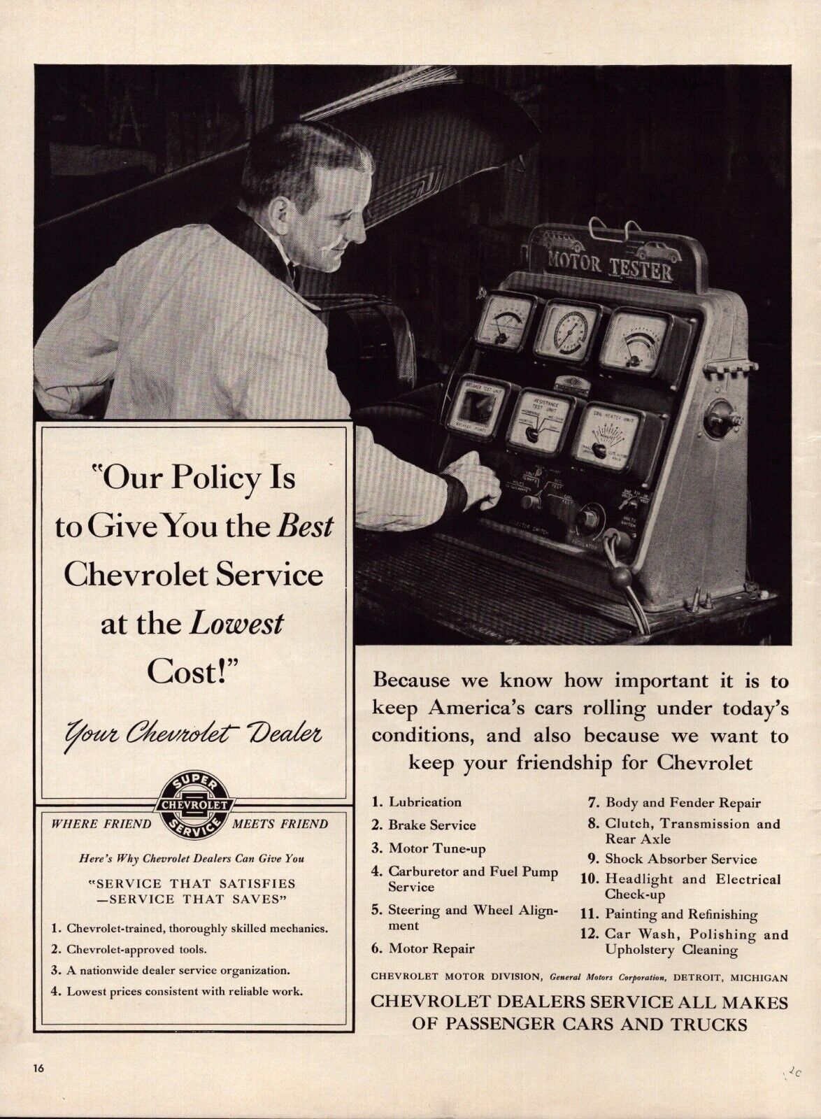 1942 Chevrolet Service Motor Tester Vintage Print Ad WWII Chevy Dealer