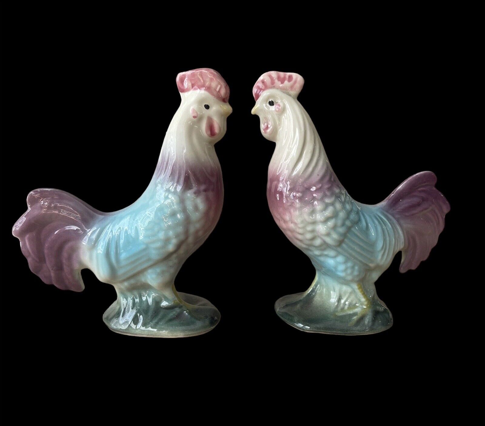 Rooster Figurines Pastel Pink Blue Purple Majolica Glaze Ceramic Vintage 2