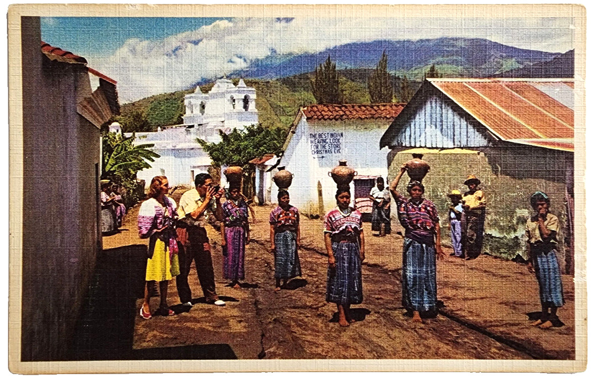 Postcard Guatemalan Woman Carrying Water Pan American Airways, Vintage Linen