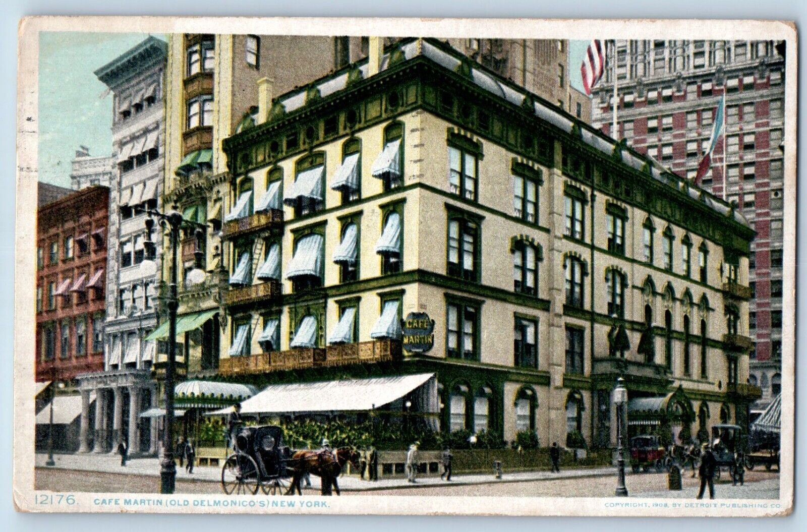Brooklyn New York Postcard Cafe Martin Old Delmonico Building Horse Carriage1909