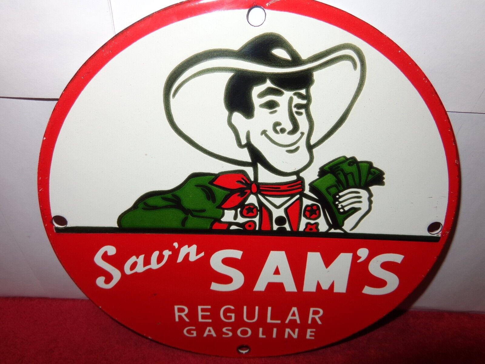 9 in SAV`N SAM`S COW BOY GASOLINE ADVERTISING SIGN HEAVY METAL PORCELAIN # 929