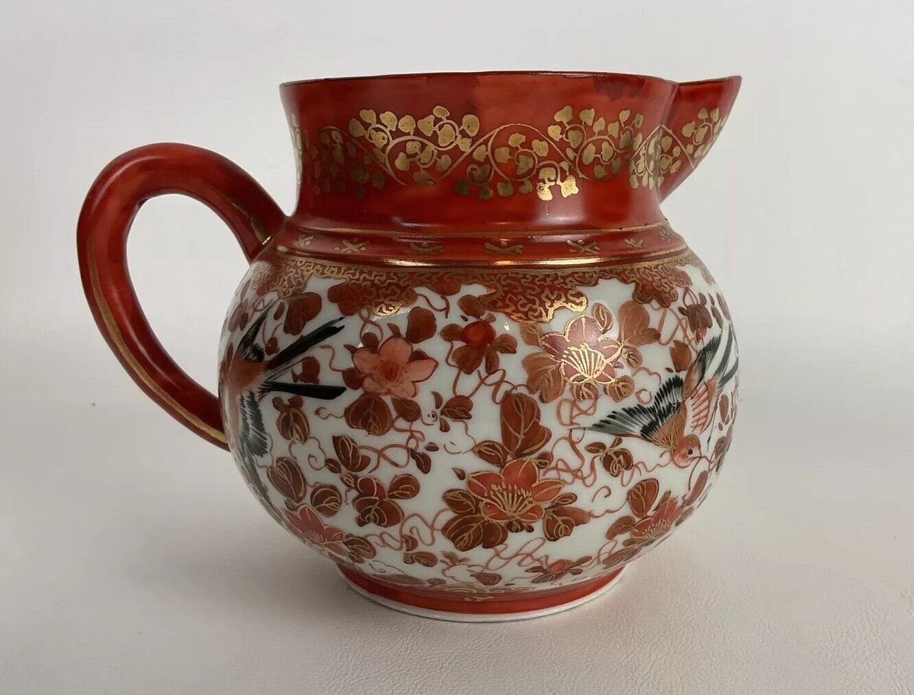 Antique Vintage Water,  Creamer Pitcher Ceramic Floral Asian Bird Design