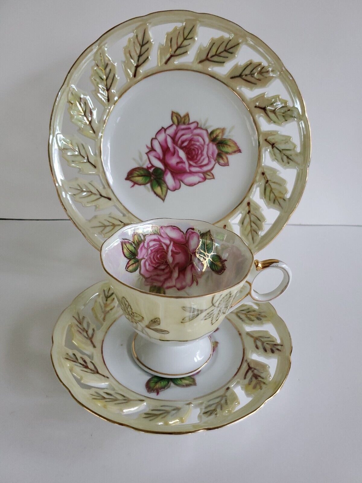 LM Royal Halsey Three-Piece Footed Teacup and Saucer Set Pink Roses Luster Gold 