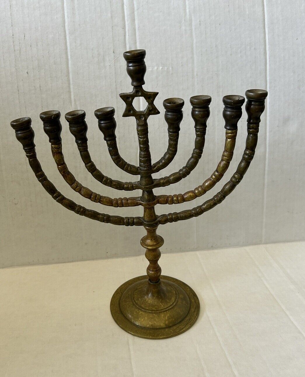 Hannukah Menorah Judaica Israel Vintage Brass Chanukah 11” Patina Swivel Heavy O