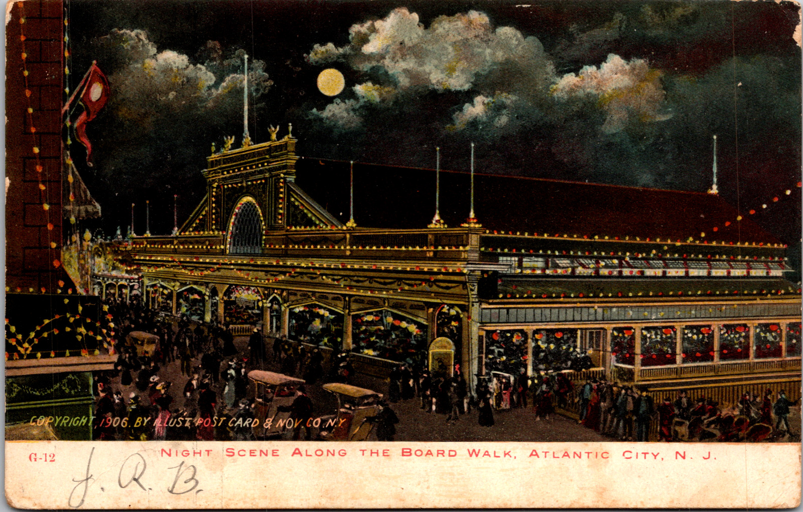 Vintage C. 1906 Night Boardwalk Scene Photo Atlantic City New Jersey Postcard
