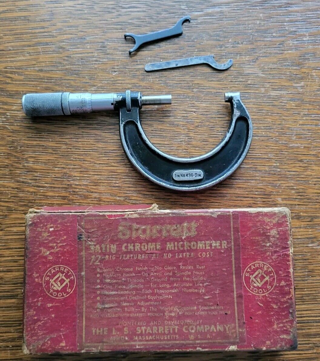 Vintage L. S. Starrett No. 436F 1-2” Outside Micrometer w/Box & (2) Wrenches USA