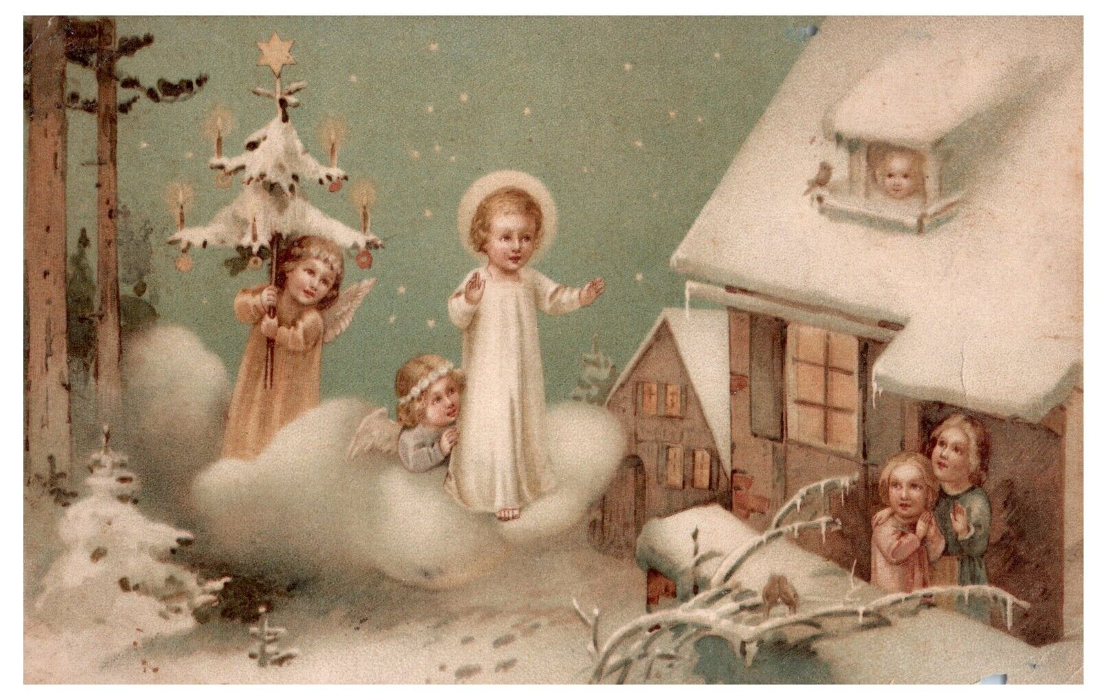 Postcard VIntage Christmas Baby Jesus Christ Messiah Angel Carry Candle Lit Tree
