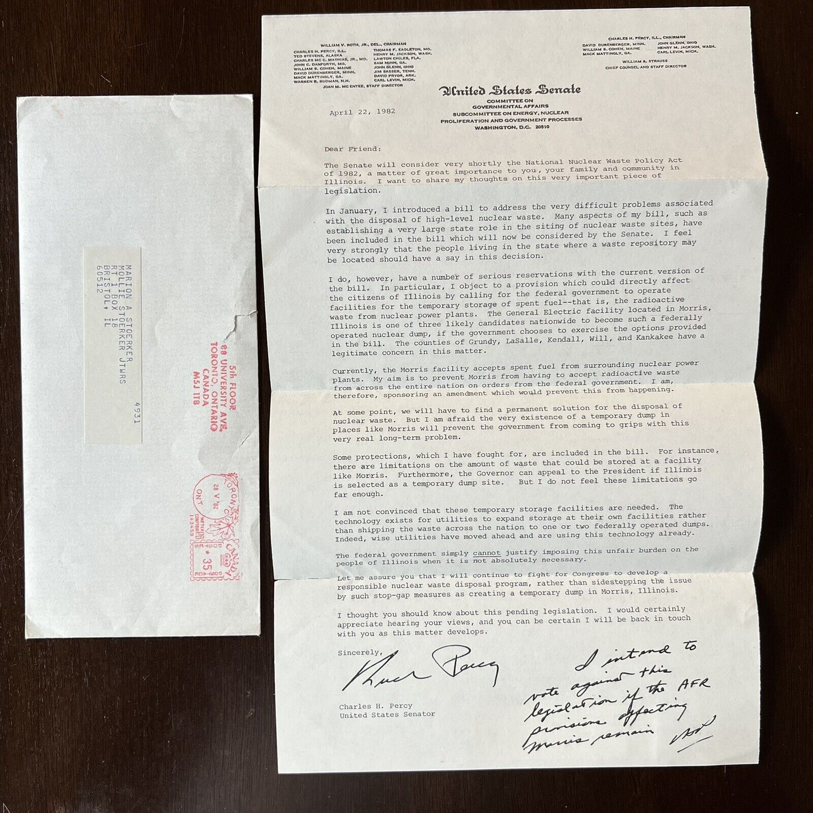 1982 US SENATE NUCLEAR ENERGY SUBCOMMITTEE SIGNED LETTER CHARLES PERCY ILLINOIS