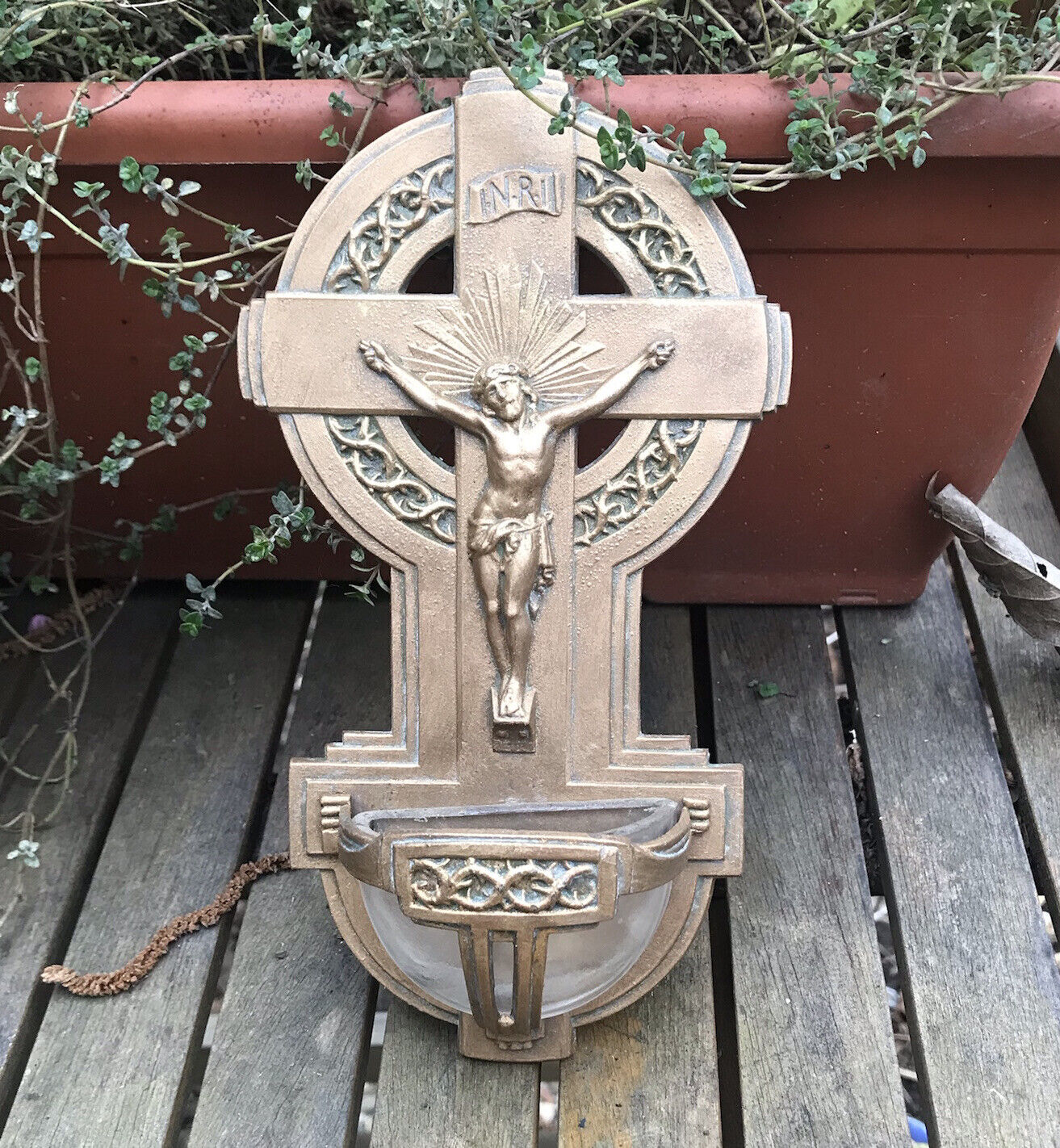 Antique French HolyWater brass 1800s 8” crusafix cross crown of thorns brass