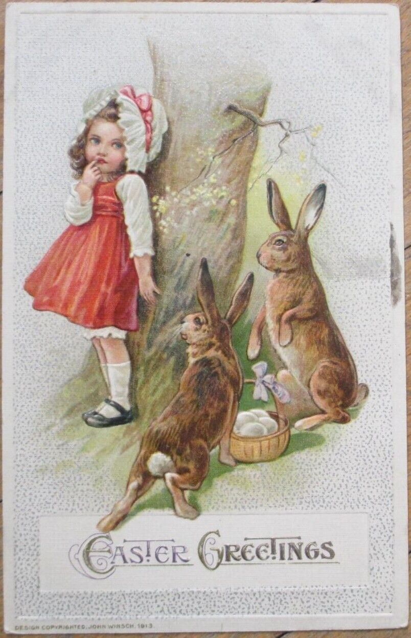 John Winsch 1914 Easter Postcard, Girl and Rabbits, Embossed Color Litho