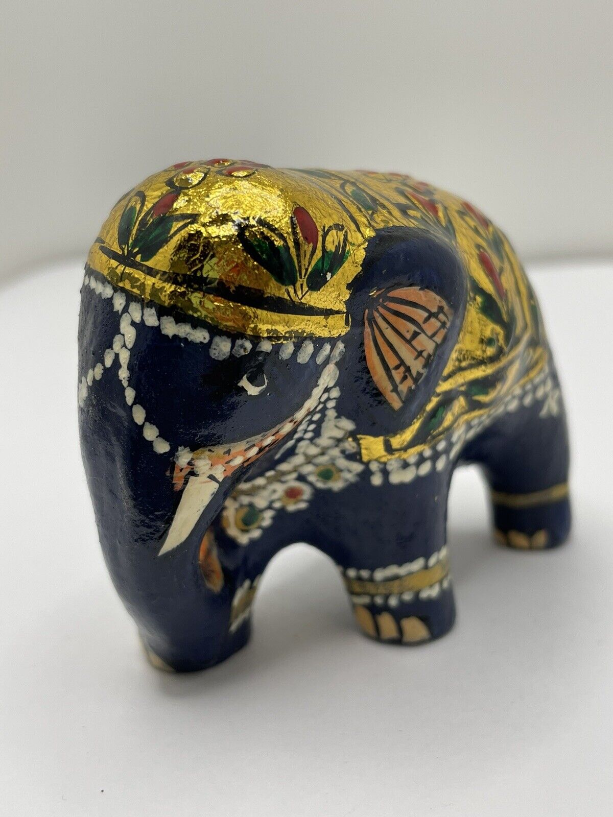 Beautiful Indian Elephant Figurine Navy Blue & Gold Hand Painted