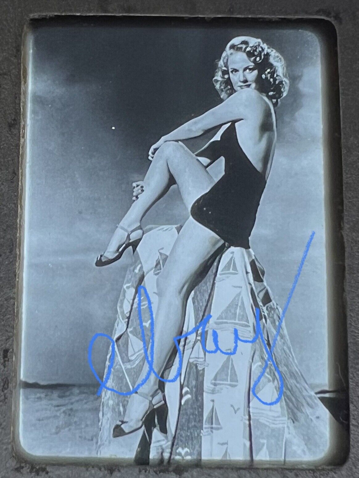 VTG c.1940s Glass Slide Transparency JANIS CARTER Swimsuit Cheesecake Risqué