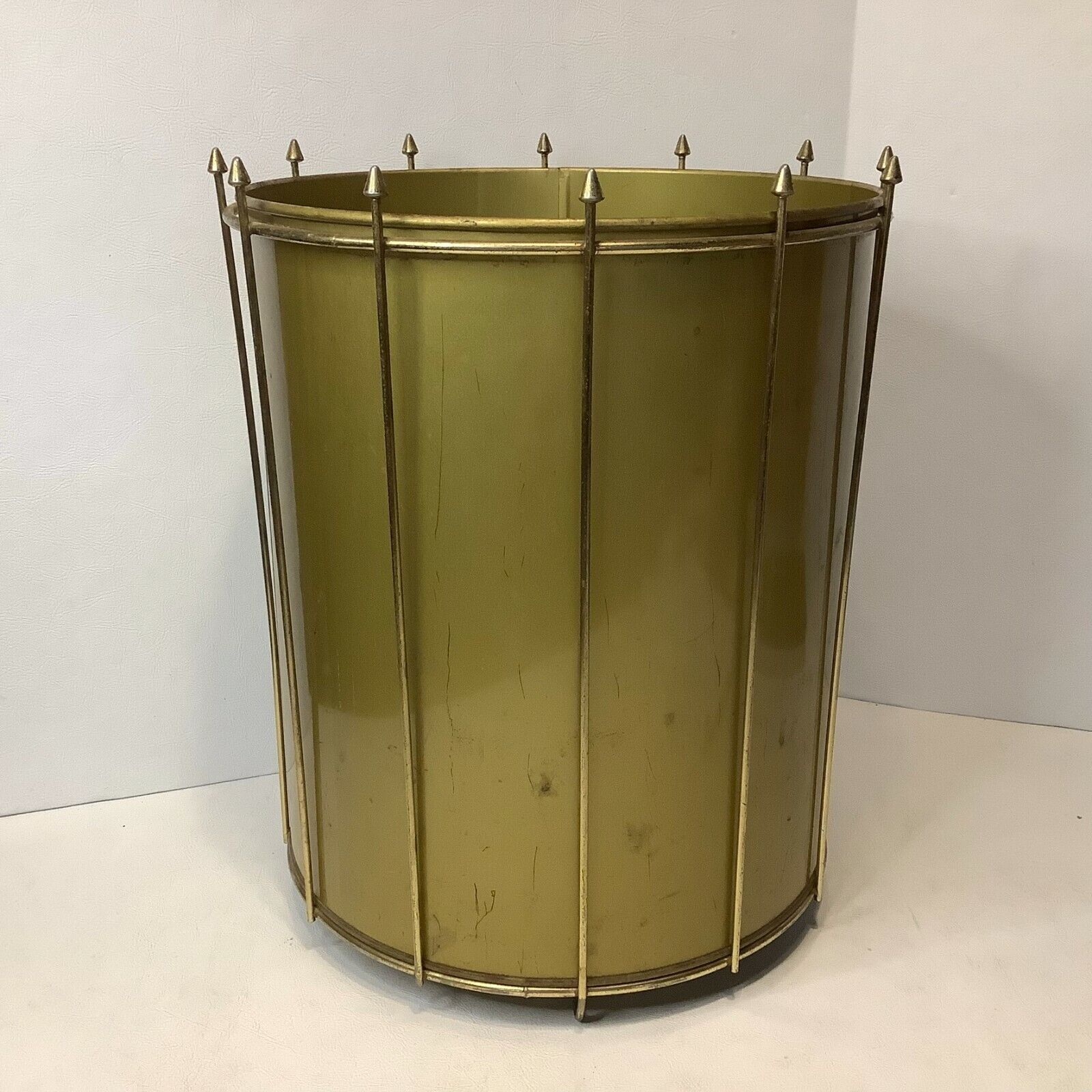 Vintage Mid-Century Modern Metal Caged Trash/Garbage Can Waste Basket Gold 14