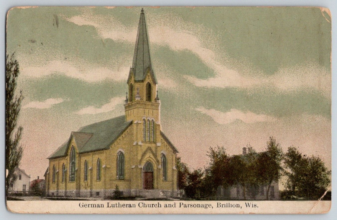 Postcard~ German Lutheran Church & Parsonage~ Brillion, Wisconsin~ WI