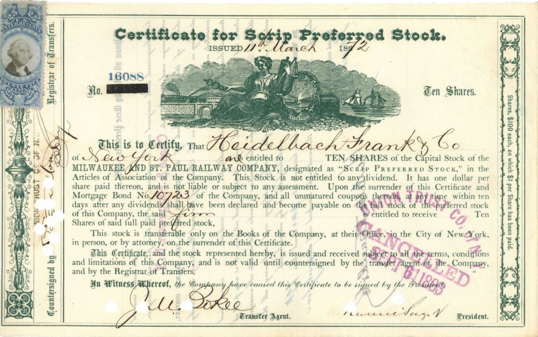 Milwaukee and St. Paul Railway Co. signed by Russell Sage - Autograph Railroad S