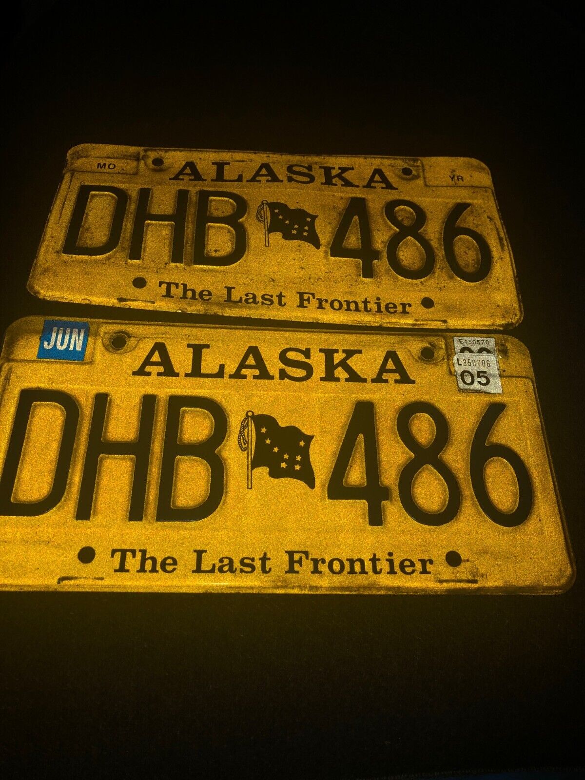 Vintage  Pair  Of Alaska License Plates DHB 486 The Last Frontier Flag Graphic