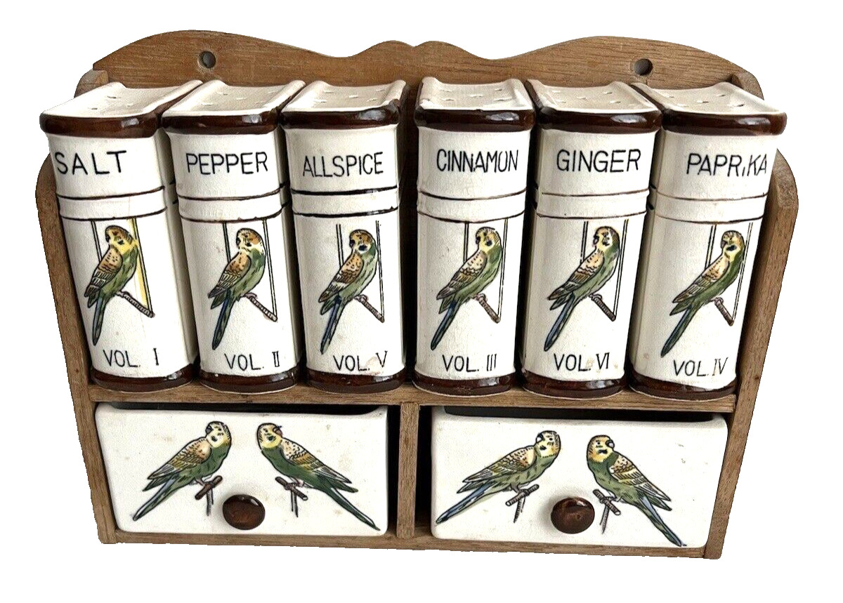 Vintage Fred Roberts Ceramic Spice Jars w Wood Wall Rack Japan Green Parakeets