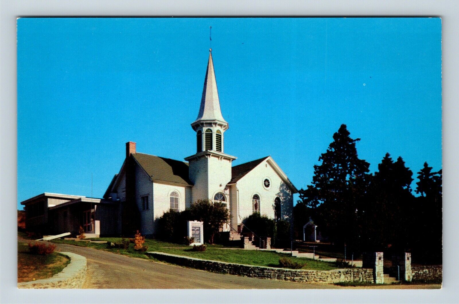 Ephraim WI, Moravian Church Stone Entrance Steeple Wisconsin Vintage Postcard