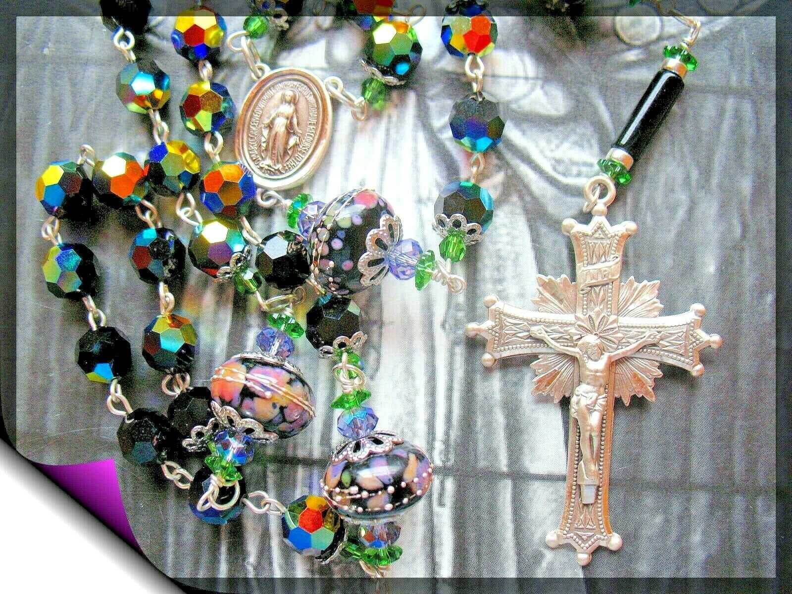Large Rosary Swarovski 9mm Jet AB Beads  Custom Lampwork Our Father Beads 925 SS