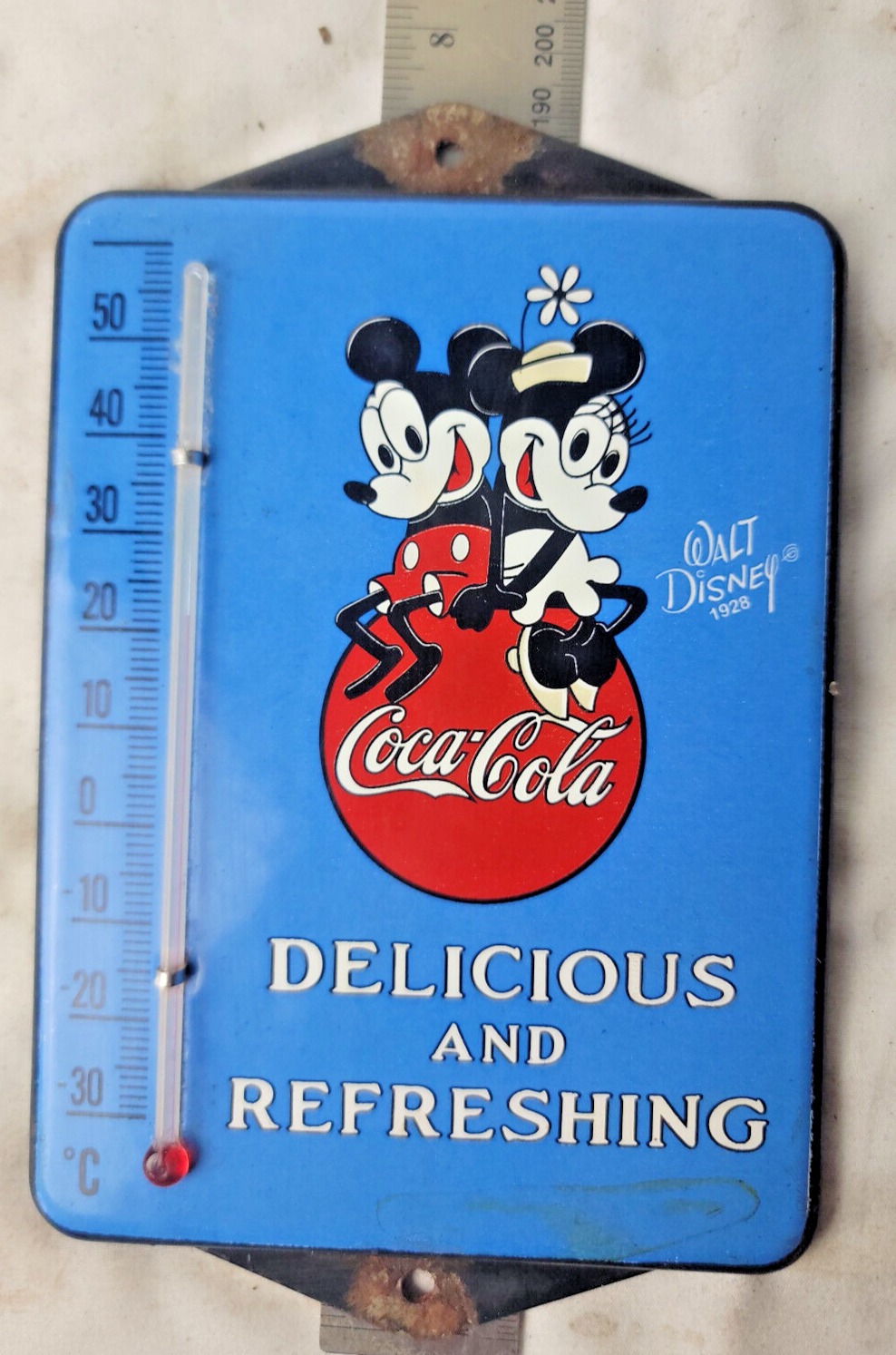 VINTAGE RARE Walt Disney Coca Cola PORCELAIN THERMOMETER SIGN CAR GAS OIL TRUCK