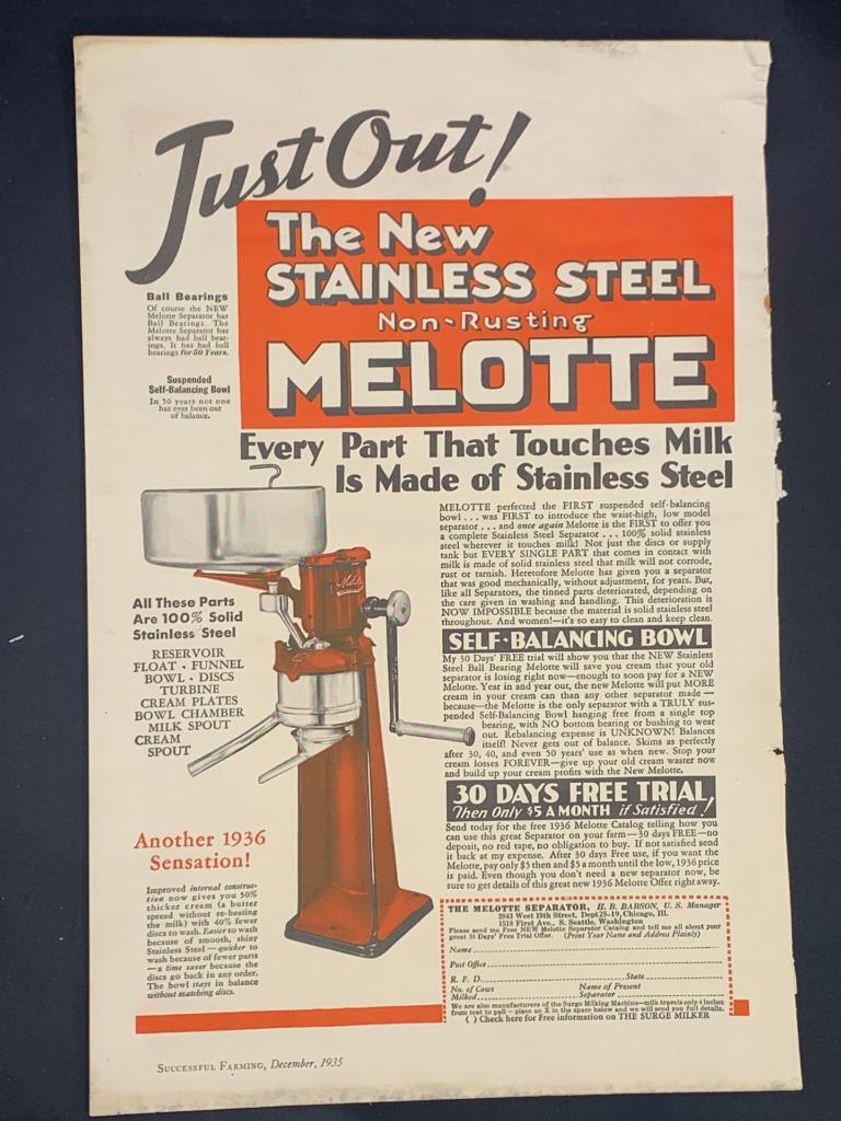 Magazine Ad - 1935 - MELOTTE Cream Separator