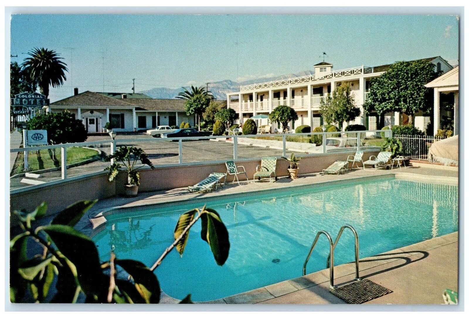 c1950's Colonial Motel & Restaurant Swimming Pool View Santa Barbara CA Postcard