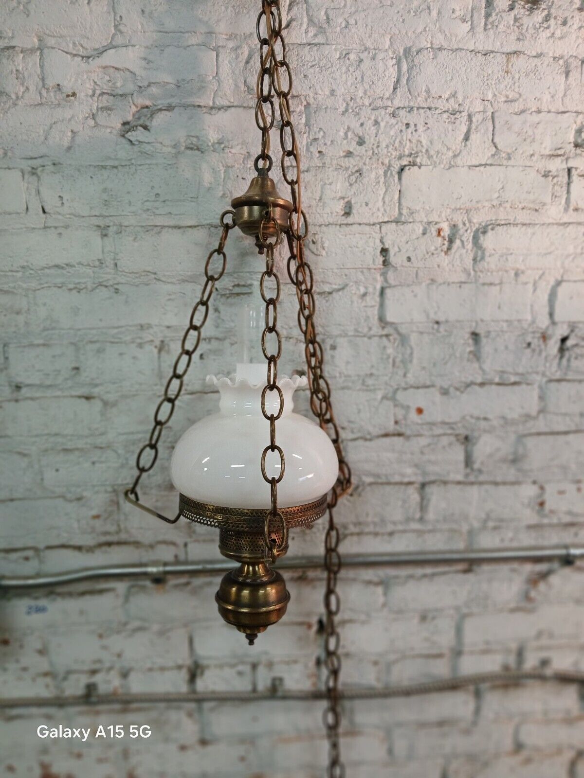 Beautiful Vintage Antique White Full Pendant Lamp Antique Brass Country Farm 