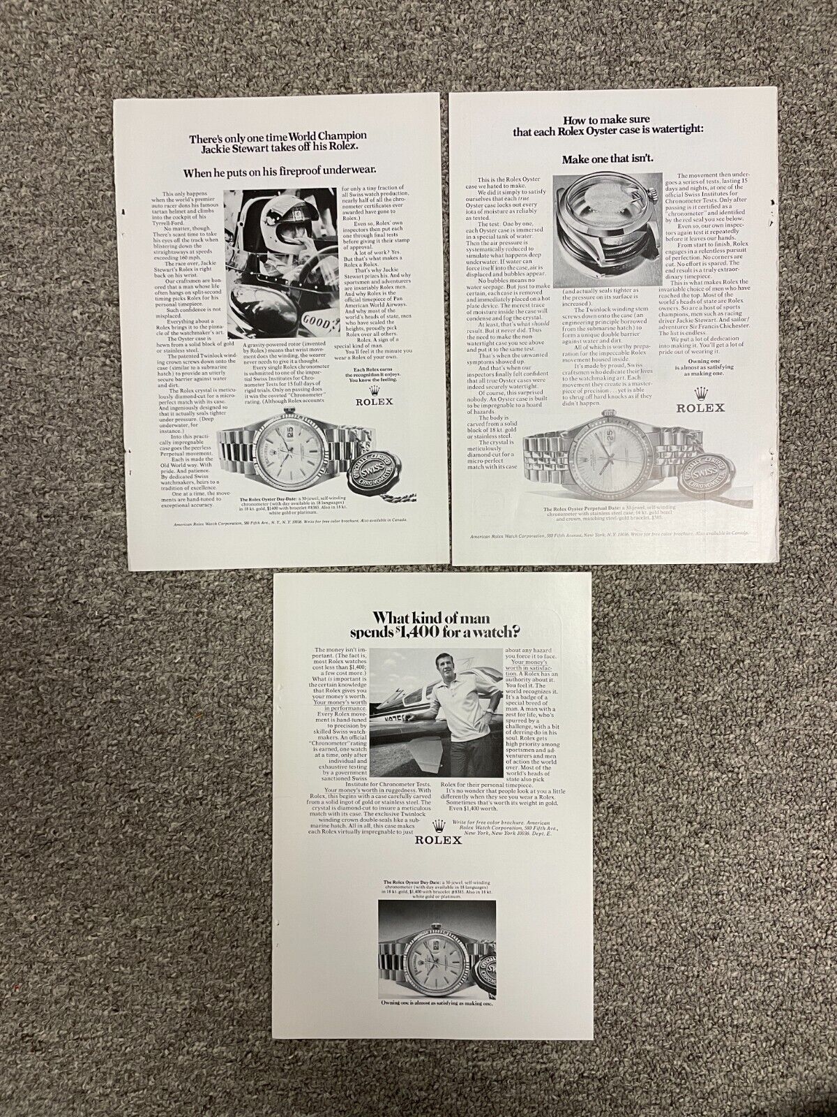1970s Rolex Watch Print Ad Lot of 3 Oyster Day Date - 10 x 7 Stewart Kind of Man